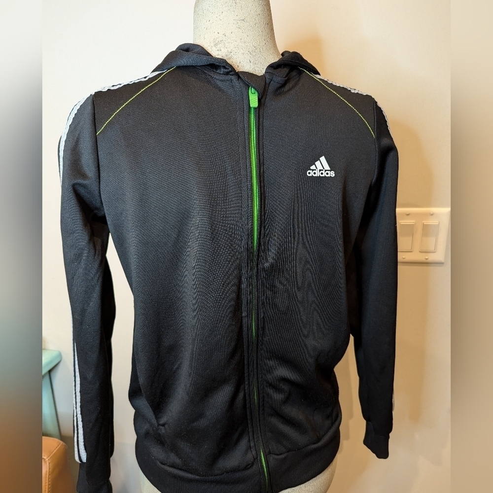 Adidas 3 Stripes Jacket  Black & Green with silver. Full Zip Youth Size L